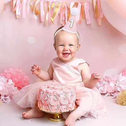 Pink Gingham Style 1st Birthday Hat - 1st Birthday Party Hat for girls, Baby girl 1st Birthday Decoration, Princess First Birthday Crown, Pink and Gold 1st Birthday Decor