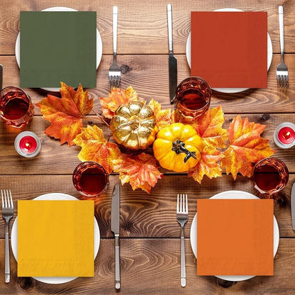 Whaline 120Pcs Fall Colors Cocktail Napkin Autumn Brown Orange Green Beverage Luncheon Paper Napkins 2 Ply for Thanksgiving Home Party Table Decor, 6 Colors