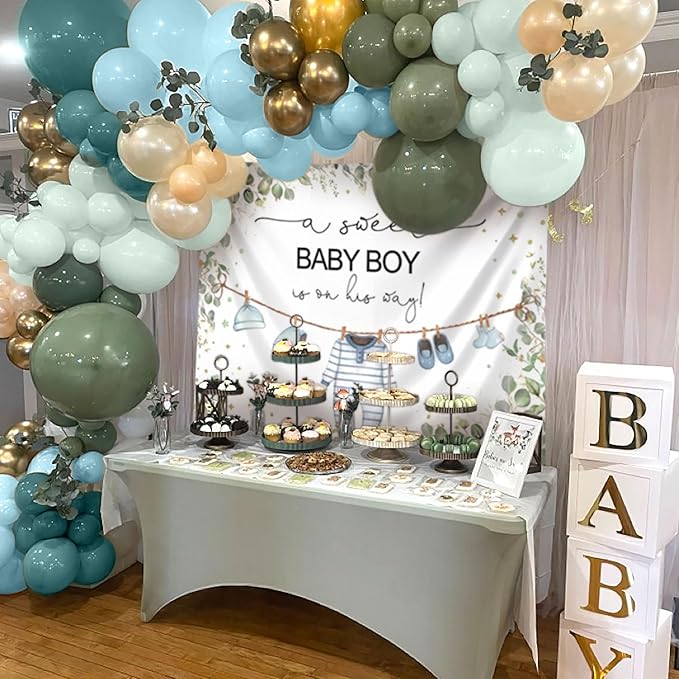 Greenery Baby Shower Decorations Boy A Sweet Baby Boy is On The Way Backdrop for Boy Birthday Party Decor Sage Green Balloons Oh Boy Baby Shower