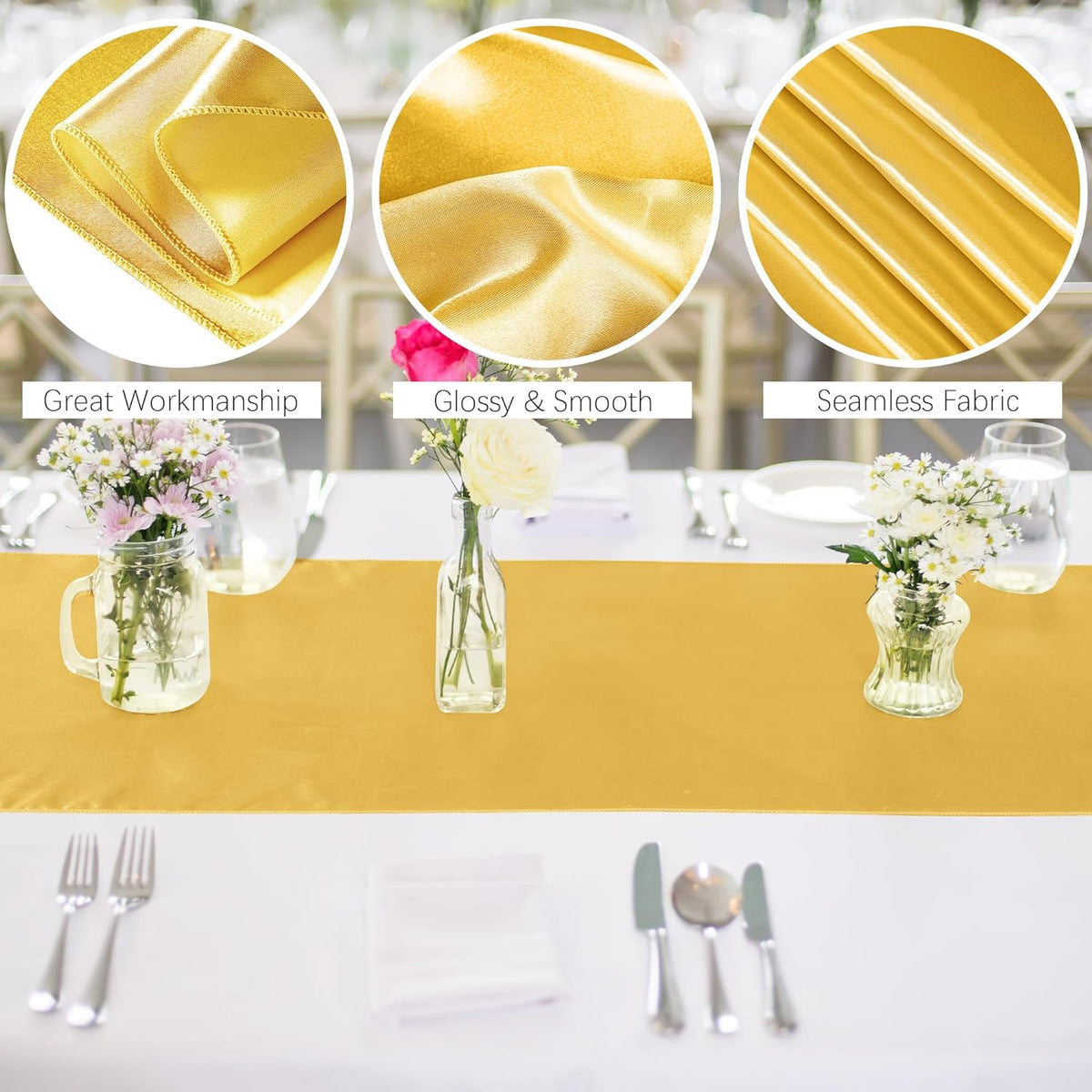Aneco 16 Pack Satin Table Runner 12 x 108 Inch Gold Long Wedding Satin Silk Table Runner for Wedding Banquet Graduations Birthday Party Decoration