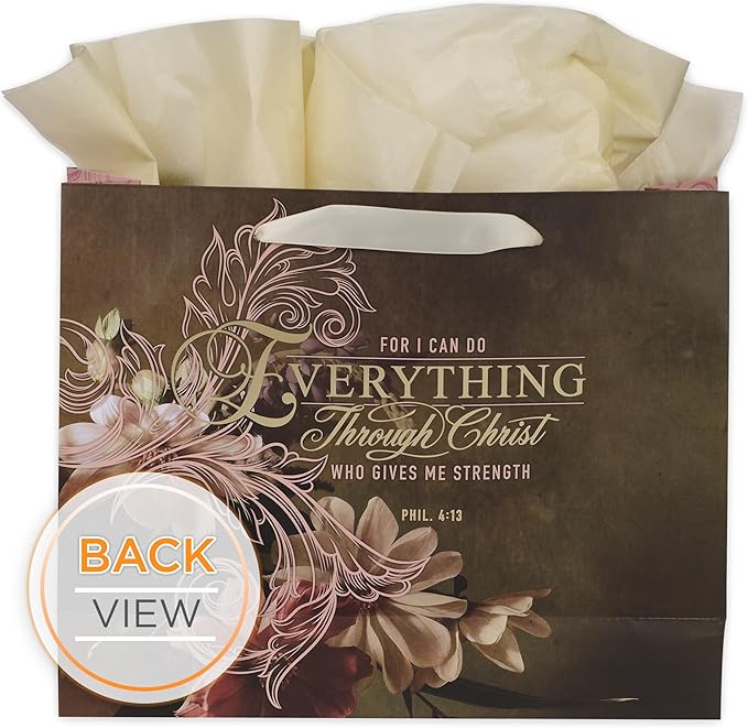 Christian Art Gifts Decorative Large Landscape Gift Bag w/Card & Tissue Paper Set for Women: Everything Through Christ - Phil. 4:13 Inspirational Bible Verse Golden Floral, Pastel Pink & Iris Brown
