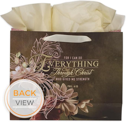 Christian Art Gifts Decorative Large Landscape Gift Bag w/Card & Tissue Paper Set for Women: Everything Through Christ - Phil. 4:13 Inspirational Bible Verse Golden Floral, Pastel Pink & Iris Brown