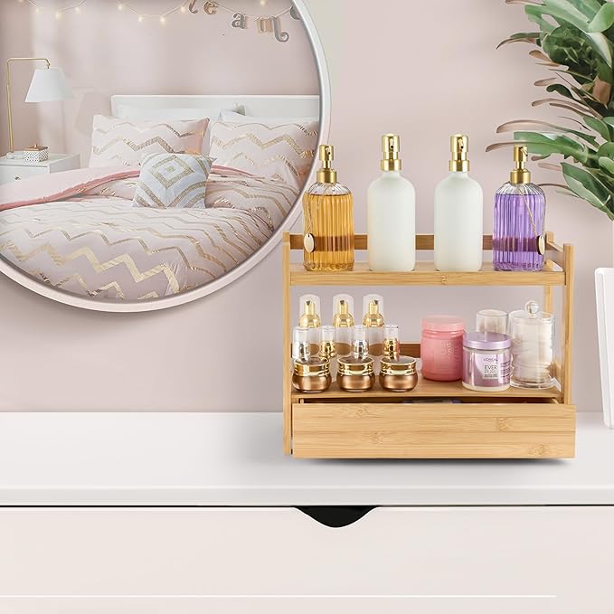 Sorbus Bamboo Bathroom Counter Organizer – 2-Tier Shelf with Hidden Drawer for Vanity, Matcha Station, Bathroom Sink Organizer Countertop, Kitchen & Office Storage (17″ L x 6.5″ W x 12.6″ H)