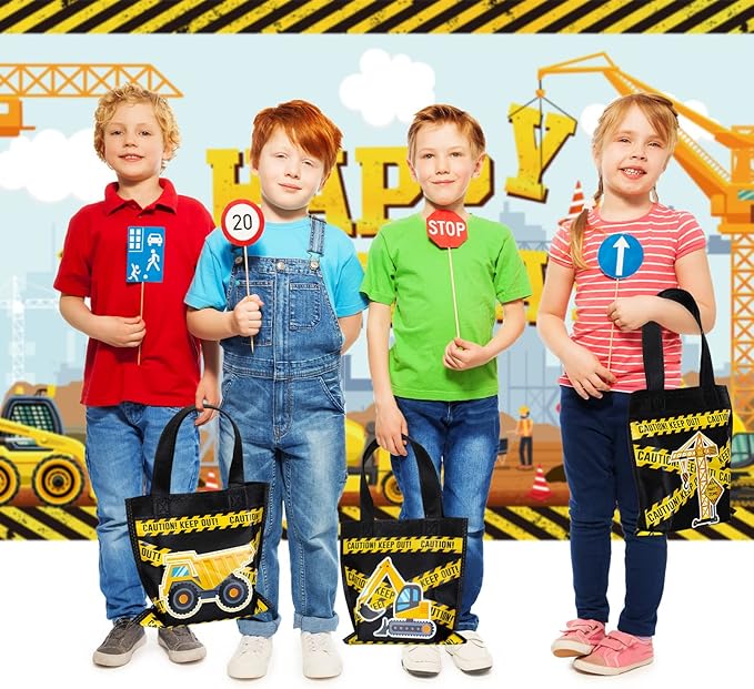 Photect 24 Pcs Construction Party Favors Construction Theme Gift Bags Dump Truck Non Woven Mini Tote with Handles Excavator Tractor Candy Goodie Treat Package for Birthday Party Decorations Supplies