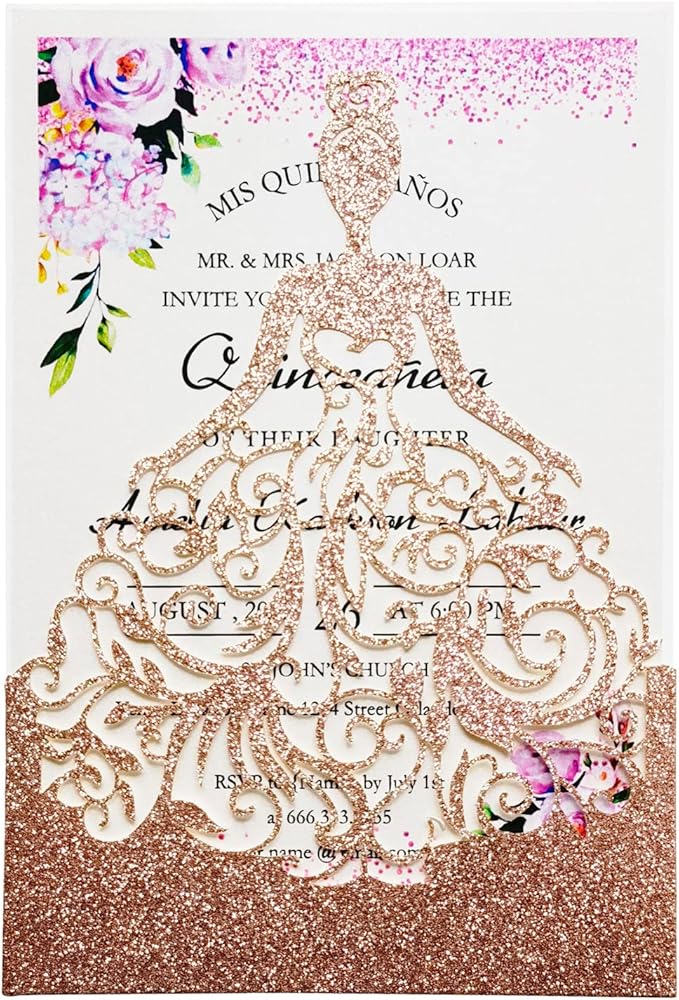 50PCS Personalized Wedding Invitations Cards with Envelopes 5 x7.3 Inch Laser Cut Hollow Girl Princess Pocket with Envelopes Crown Invitations Cards for Quinceañera Birthday Sweet 16, Party Invite (Rose Gold Glitter)