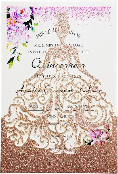 50PCS Personalized Wedding Invitations Cards with Envelopes 5 x7.3 Inch Laser Cut Hollow Girl Princess Pocket with Envelopes Crown Invitations Cards for Quinceañera Birthday Sweet 16, Party Invite (Rose Gold Glitter)