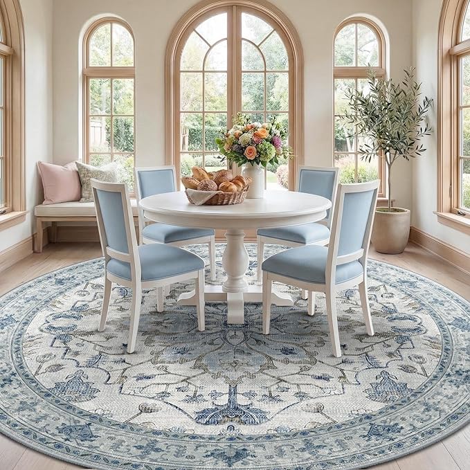 RELEANY Area Rugs Round 10ft Washable Non-Slip, Floral Vintage Distress Print Pattern Medallion Carpet for Living Room Bedroom Dining Room, Light Blue Navy Beige Gray White