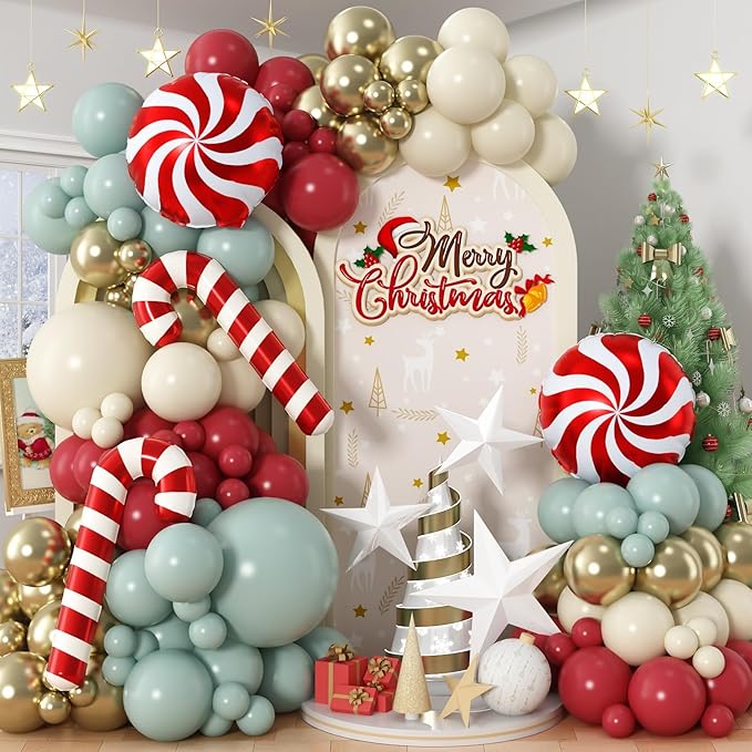 Christmas Balloon Garland Arch Kit, 111PCS Red Green Gold White Balloons with Lollipop Candy Cane Mylar Foil Balloon Arch for Xmas Party Holiday Wedding Birthday New Year Decorations