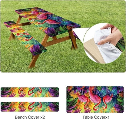 ANNA QUEEN Tropical Flamingo Summer Flower Picnic Table Cover 6FT with Bench Covers Picnic Table Cover Set 3PCS 72"x30", Outdoor Bench and Tablecloth Furniture Protection