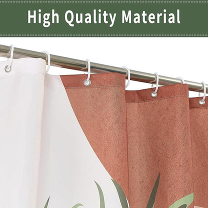 Boho Mid Century Shower Curtain, Brown Modern Minimalist Abstract Geometric Green Gold Plant Leaves Sun Arch Bathroom Curtains Waterproof Fabric Buthtub Curtain Set with Hooks 66" Wx72 L