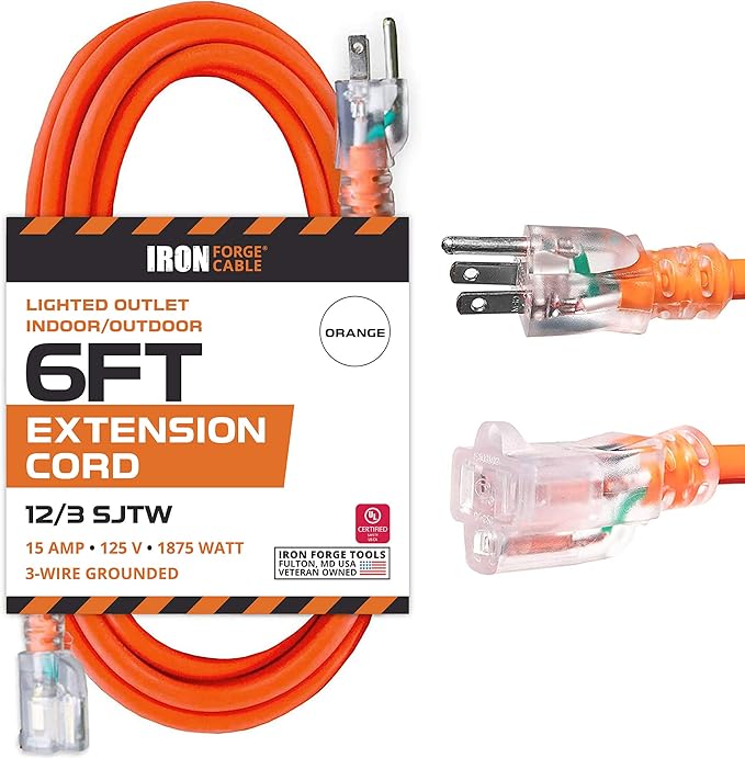 Iron Forge Cable 12 Gauge Extension Cord 6 ft, 12/3 SJTW 6 Foot Heavy Duty Extension Cord Outdoor 3 Prong, Weatherproof Orange Power Cable 15 Amp, Great for Major Appliances