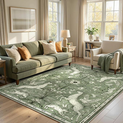 Lahome 5x7 Green Area Rug for Living Room, Dorval Washable Cottagecore Deer Rug, Sage Woodland Non Slip Low Pile Soft Carpet for Bedroom Dining Room Kitchen Nursery Entryway Home Decor