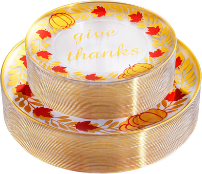 Rubtlamp 60 Pcs Thanksgiving Plastic Plates, Clear Gold Disposable Plates, Red Gold Thanksgiving Party Plates Includes 30 Pcs 10.25” Gold Dinner Platos, 30 Pcs 7.5”Clear Dessert Platos for Autumn