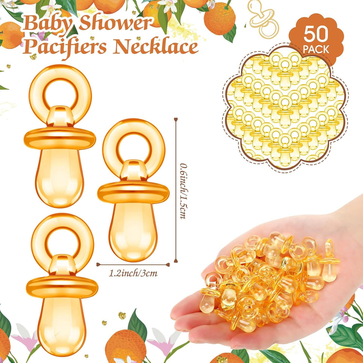 Thyle 51 Pcs Pacifier Hunt Baby Shower Games Include Hunt Sign and 50 Acrylic Pacifiers for Baby Shower Game Decoration Gift Sets Gender Reveal Party Decor(Orange)