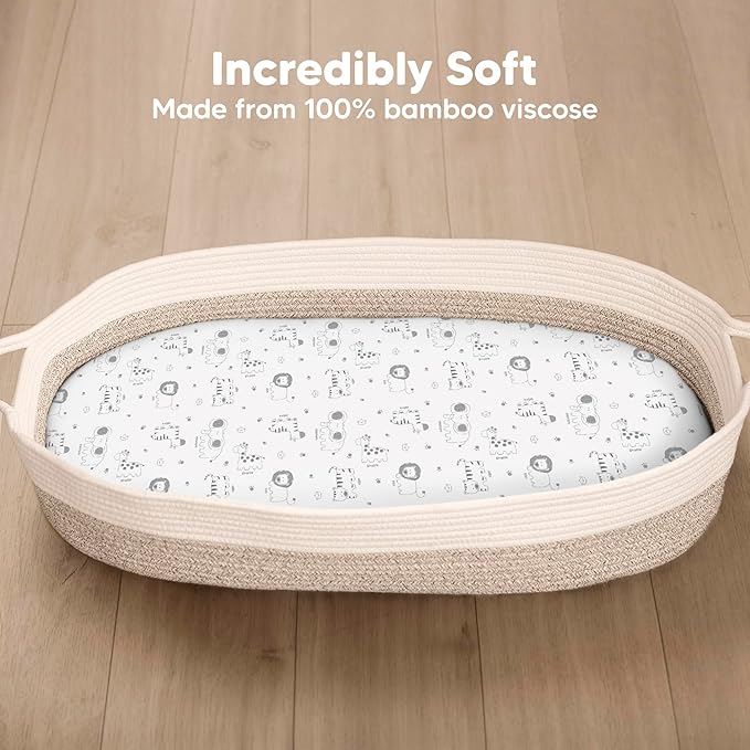 2-Pack Baby Bassinet Sheets Girl, Boy - 33x17 Viscose Derived from Bamboo Bedside Mattress Fitted Bassinet Sheets, Compatible with Halo Bassinest Swivel Sleeper, Baby Delight, Graco (KeaSafari)