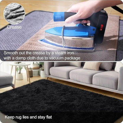 qulint Black Rug for Living Room, 9x12 Shag Rug for Bedroom Soft Shaggy Large Area Rug for Living Room, Fuzzy Plush Carpets for Boys and Girls Dorm Room Home Decor (9ft x 12ft, Black)