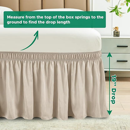 Biscaynebay Wrap Around Bed Skirts for Queen Beds 19" Long Drop, Light Camel Adjustable Elastic Dust Ruffles Easy Fit Wrinkle & Fade Resistant Silky Luxurious Fabric Solid Machine Washable