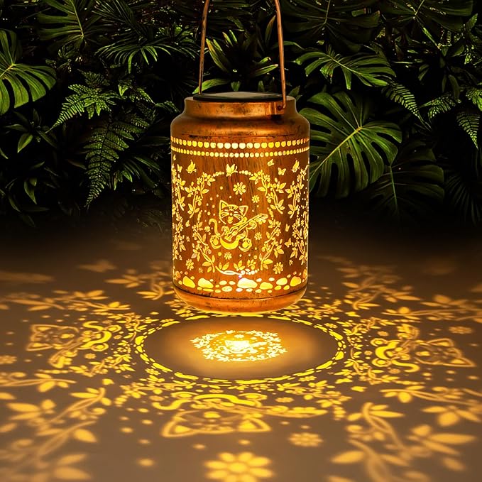 YISITEONE Cat Outdoor Solar Lanterns, Garden Waterproof Metal Hanging Decor Lights for Patio Yard Pathway Lawn Front Porch, Birthday Gardening Cat Lovers Gifts for Women Mom Grandma