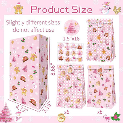 Inshinern 12 Pcs Pink Christmas Tree Party Favor Bags Small Christmas Gift Bags with Stickers Snowman Candy Cane Bag for Gingerbread Man Theme Birthday Baby Shower Decorations, Xmas Party Supplies