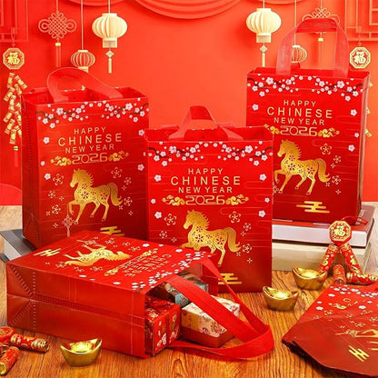 Supervitae 24 Pcs Chinese New Year 2026 Gift Bags with Handle Horse Lunar New Year Gift Bag Spring Festival Red Goodie Treat Party Supplies for Family Neighbor Friend Party Decor(9.8" x 7.9" x 3.9")