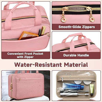 Travel Toiletry Bags, Portable Travel Bag with Hanging Hook for Women, Waterproof and Hanging Makeup Bag Travel Organizer Accessories for Travel Essentials (Pink, Large)