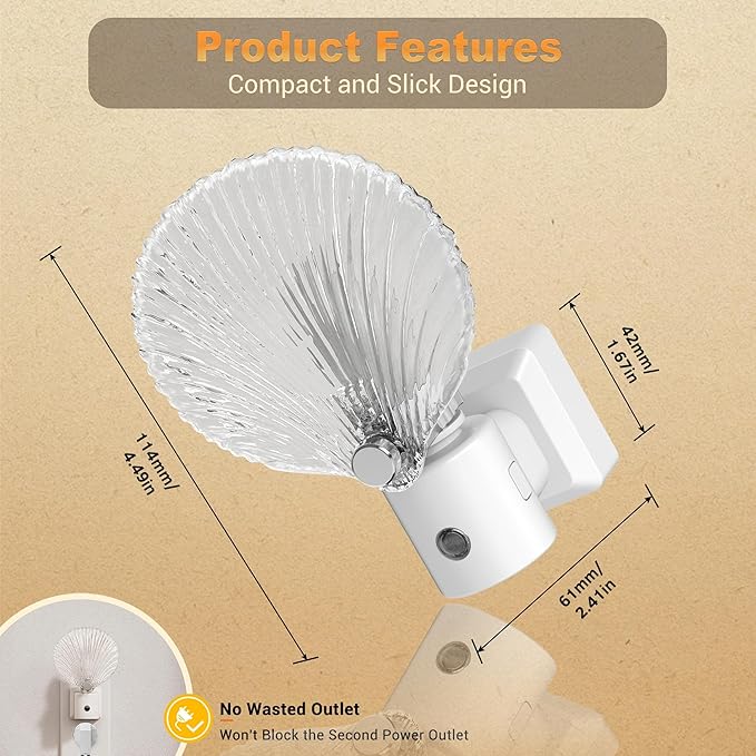 JandCase Night Light, Night Lights Plug into Wall, 2 Pack Dusk to Dawn Sensor Seashell Nightlights, 3000K Soft White Brightness Adjustable Nightlight for Kids Bedroom Hallway Kitchen