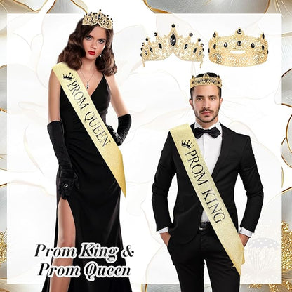 Ferreve 4 Pcs Prom King and Queen Crowns and Sashes Set Graduation Prom King and Queen Tiara Sash for 80's Prom Party Favors(Black)