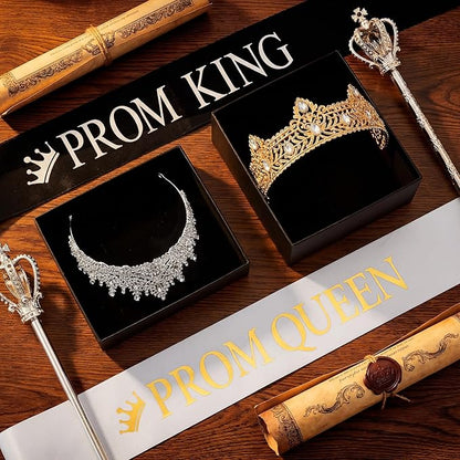 Retrowavy 4 Pcs Prom King and Queen Crown Set with Sashes Prom King Queen Sash and Tiara Set for 2026 Grad Birthday Carnival Wedding Costume Accessories(Gold,Silver)