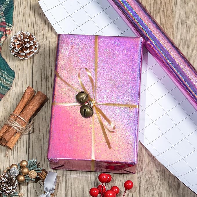 Burymento Pink Wrapping Paper Roll, Metallic Holographic Star Gift Wrap for Birthday, Valentines, Mothers day, Graduation, Wedding, Fathers day, Baby Shower, Christmas (17 IN x 32.8 FT)