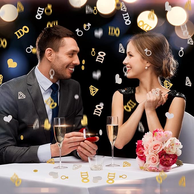 300 Pieces Gold Silver Diamond Ring Paper Confetti Glitter Wedding Table Confetti I Do Circle Dots Heart Confetti Party Table Scatter for Bridal Shower Baby Shower Engagement Party Hen Party Decor