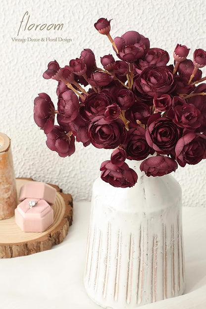 Floroom Ranunculus Artificial Flowers 18 Pcs Burgundy Faux Silk Mini Ranunculus Bulk Fake Wedding Filler Flowers for DIY Red Bouquets, Centerpieces, Bridal Shower Decorations & Arrangements