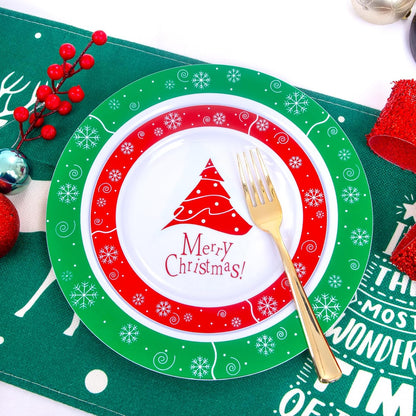 Rubtlamp 60PCS Christmas Plastic Plates, White Plastic Plates With Red and Green Christmas Tree, christmas Party Disposable Plate Include 30 Green Dinner Plate, 30 Red Salad Platos