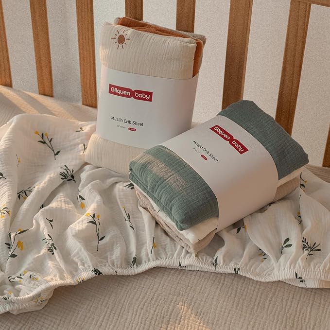 Gllquen Baby Muslin Mini Crib Sheets 3 Pack, Breathable Pack and Play Sheets Fitted Soft Cozy Cotton Pack N Play Sheets for Baby Boy Girls, Universal Fitted Mini Crib Mattresses 38"x26" (Yellow)