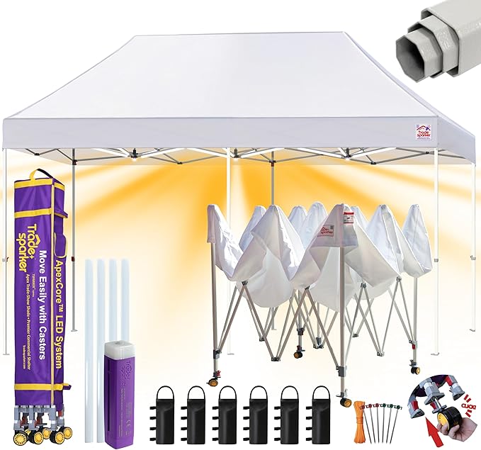 Tradesparker 10x20 Pop Up Canopy Tent,Commercial Movable Canopy with ApexCore LED&Rugged Casters-Instant Easy Setup Shelter Canopies with Weight Bags&Stakes for Outdoor Events Markets Vendors,White