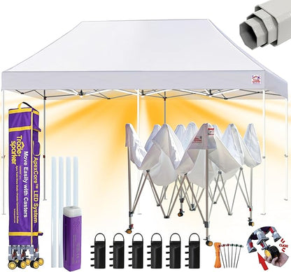 Tradesparker 10x20 Pop Up Canopy Tent,Commercial Movable Canopy with ApexCore LED&Rugged Casters-Instant Easy Setup Shelter Canopies with Weight Bags&Stakes for Outdoor Events Markets Vendors,White