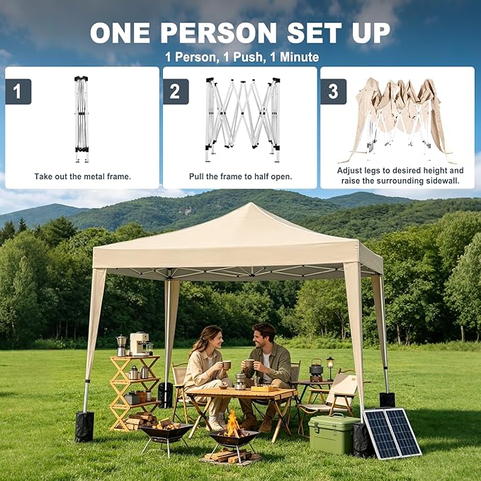 10x10 Pop Up Canopy Tents for Parties, Portable Outdoor Tent with Carry Bag & 4 Sandbags, for Wedding, Patio Events, Commercial, Birthday, Graduation (Beige, 10x10)