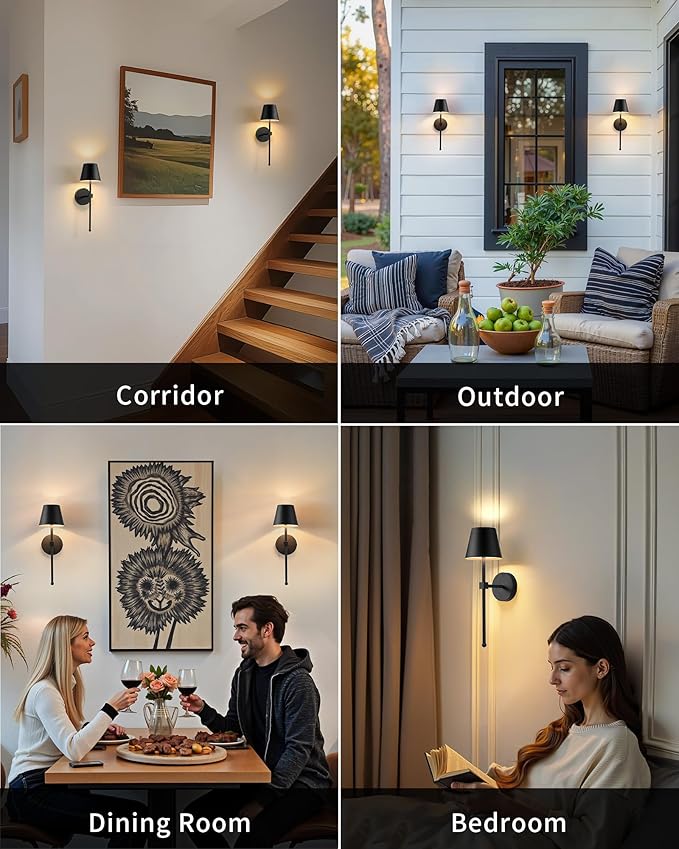 KDG Wireless Wall Sconces Set of 2, Small Cordless 5200mAh Rechargeable Battery LED Wall Lamps, Stepless Dimming Lightings for Wall Painting, Living Room, Bedroom, Hallway, Gifts, Night Light (Black)