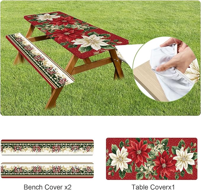 ANNA QUEEN 6FT Christmas Picnic Table Cover Set 3PCS 72"x30", Waterproof Outdoor Bench and Tablecloth Furniture Protection for Camping Beach BBQ Patio Backyard