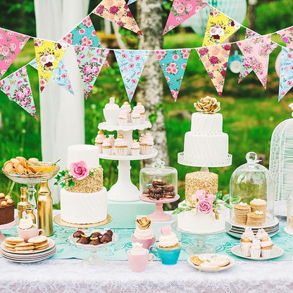 72 Pcs Vintage Floral Paper Bunting Banner Garland Bandana Pennants Outdoor Bunting Banner for Tea Party Decorations Flower Garden Yard Baby Shower Bridal Wedding Party Decorations