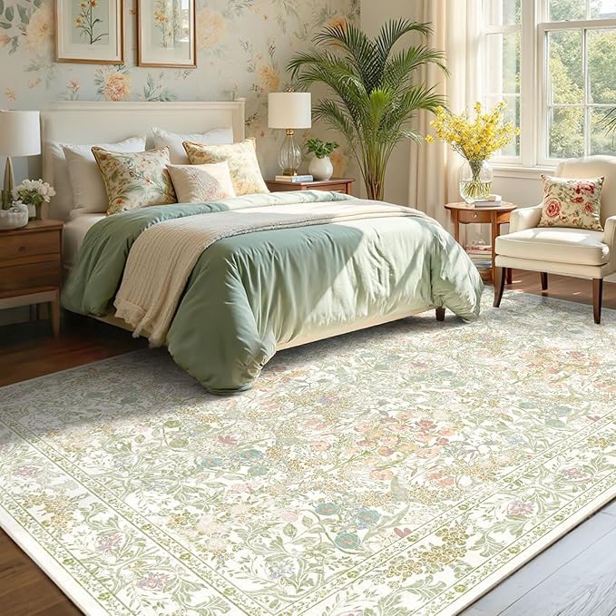 Sage Green Boho Area Rugs for Bedroom Aesthetic 8x10 - Washable Floral Farmhouse Large Rug for Living Room, Dining Room Under Table, Nursery - Soft Cottage Core Carpet with Low Pile & Non Slip