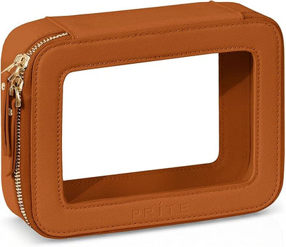 Prite Clear Makeup Bag Cosmetic Organizer Case Waterproof Travel Toiletry Bag Skincare Pouch with Golden Zipper(Brown)