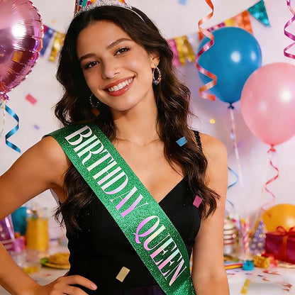 Birthday Queen Sash, Dazzle Foil Letter Glitter Green Birthday Sash for Women Girl 21st 30th 40th 50th 60th Funny Bday Gifts Party Favors Photo Prop