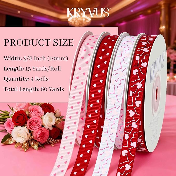 Valentine's Day Ribbon Set - 4 Rolls Heart Printed Grosgrain Ribbon, 3/8 Inch x 60 Yards Total for Gift Wrapping, Crafts, Home Decor, Party Supplies (Red, White, Pink, Hot Pink)