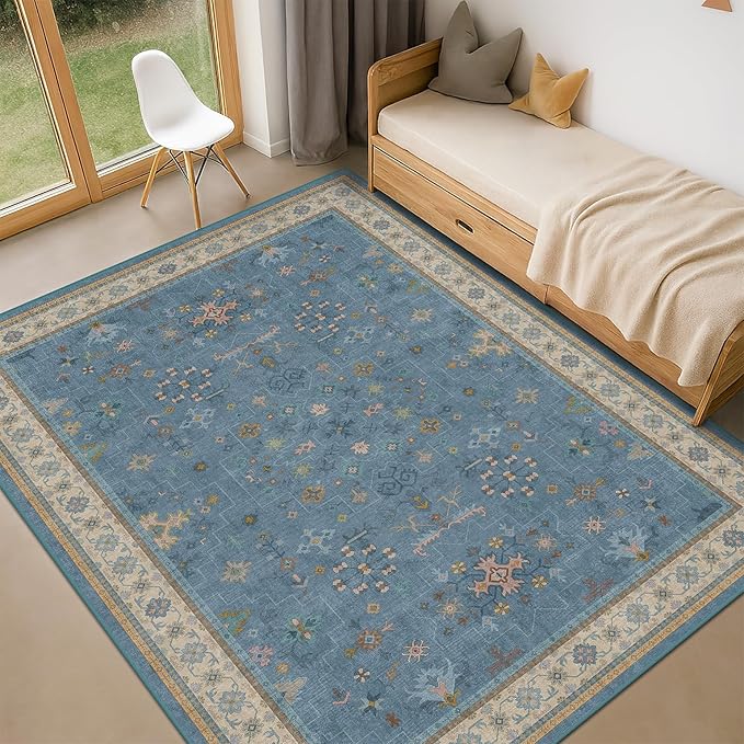 5x8 Rug for Living Room, Boho Eclectic Area Rugs Blue Modern Low-Pile Carpet for Bedroom, Dining Table, Nursery, Washable Non-Slip with Rubber Back