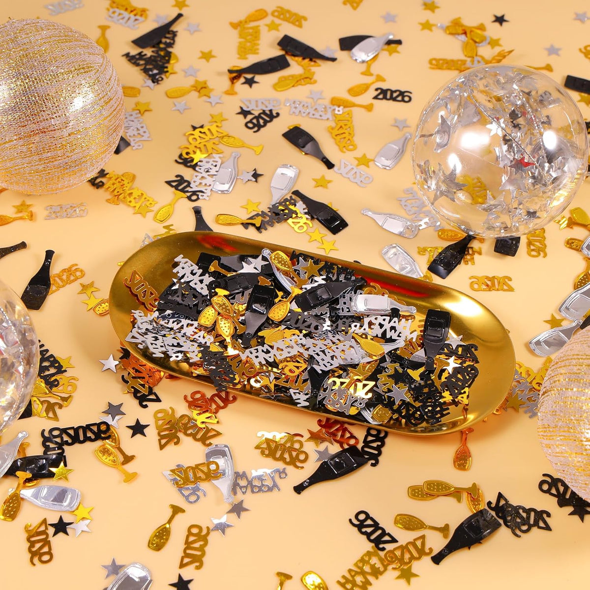 Happy New Year 2026 Confetti, Gold Black and Silver Star Wine Bottle Sprinkles Table Scatter Confetti for New Years Eve Decorations