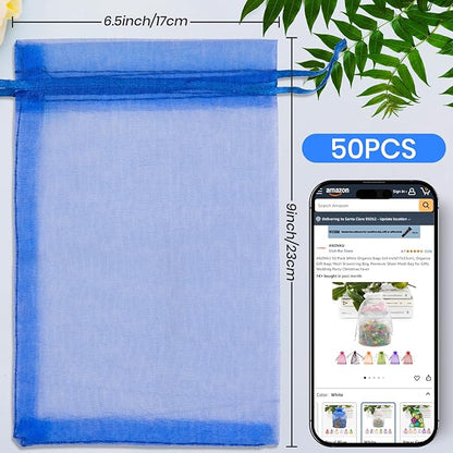 ANZNKU 50 Pack Organza Bags 6x9 Inch, Mesh Bag Drawstring Jewelry Pouches, Large Organza Gift Bags for Easter Baby Shower, Party Favors(Royal Blue)