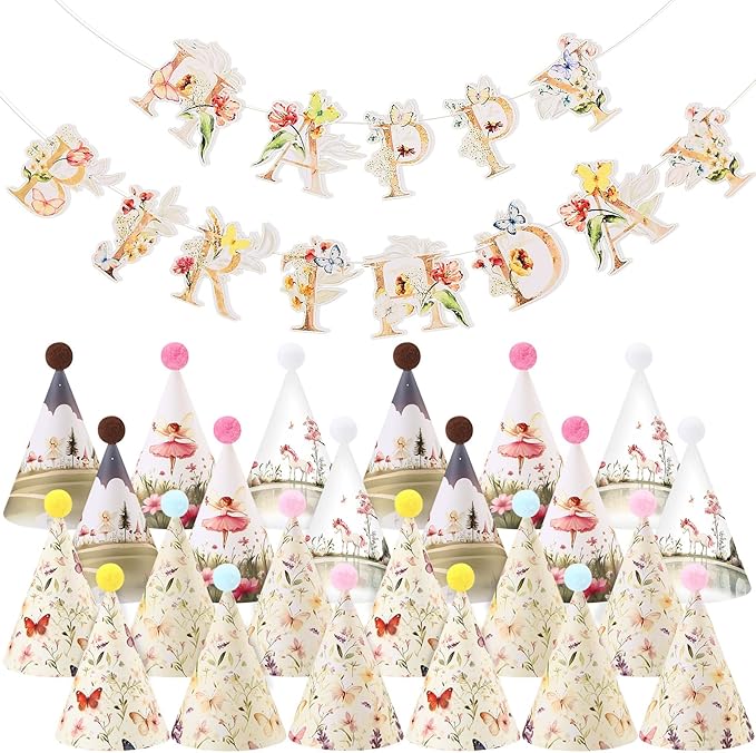 AmazingSpark 25 Pcs Fairy Garden Birthday Party Set Includes 24 Butterfly Cone Hats with Pompoms and 1 Happy Birthday Banner for Butterfly Parties Photo Props Garden Decorations