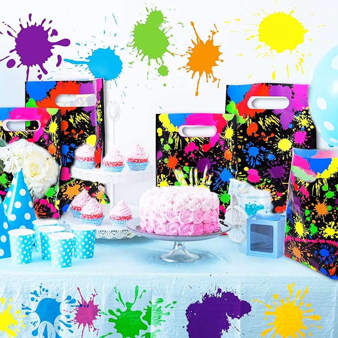 Neon Party Favors Gift Bags 50 Pcs Art Paint Splatter Colorful Goodie Bags Plastic Candy Treat Bags with Handles for Birthday Shower Neon Retro 80's 90's Theme Party Supplies Decorations