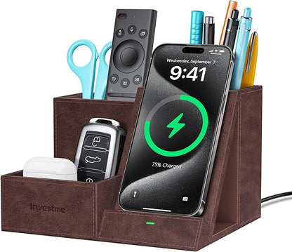 Wireless Charger with Desk Organizer, Pen Pencil Holder, Multifunctional Desktop Organizer, Office Supplies and Desk Accessories Organizer with 3 Compartments and 1 Phone Stand, Dark Brown