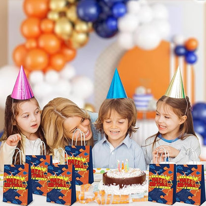 12 Pcs Anime Yellow Paper Bags Party Favors Bags With Handle Cartoons Yellow Birthday Party Decorations,Double Sided Printed ,Kraft Candy Treat Goodie Bag For Birthday Baby Shower Decorations Supplies